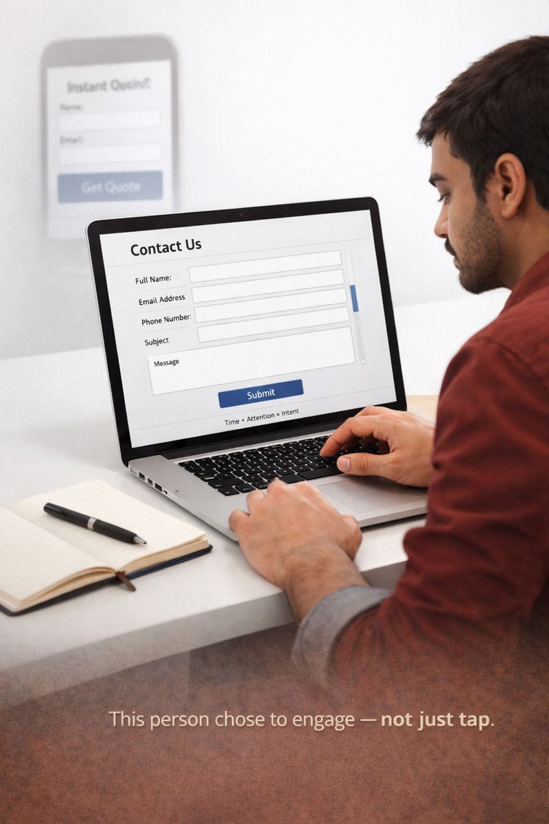Website contact form used to capture high-intent leads compared to instant lead forms on Meta ads