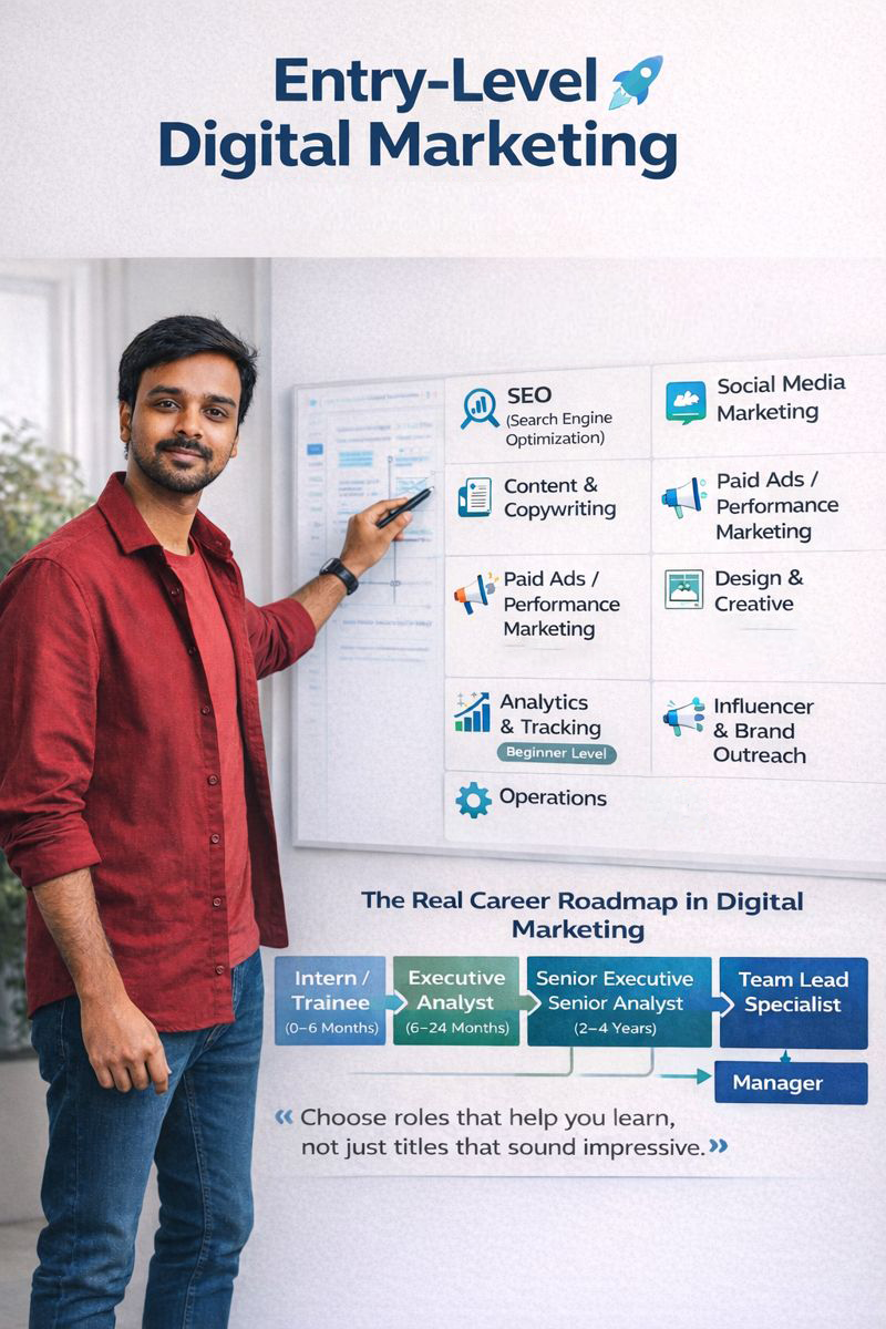 Entry-level digital marketing career roadmap with roles and growth path from intern to manager.