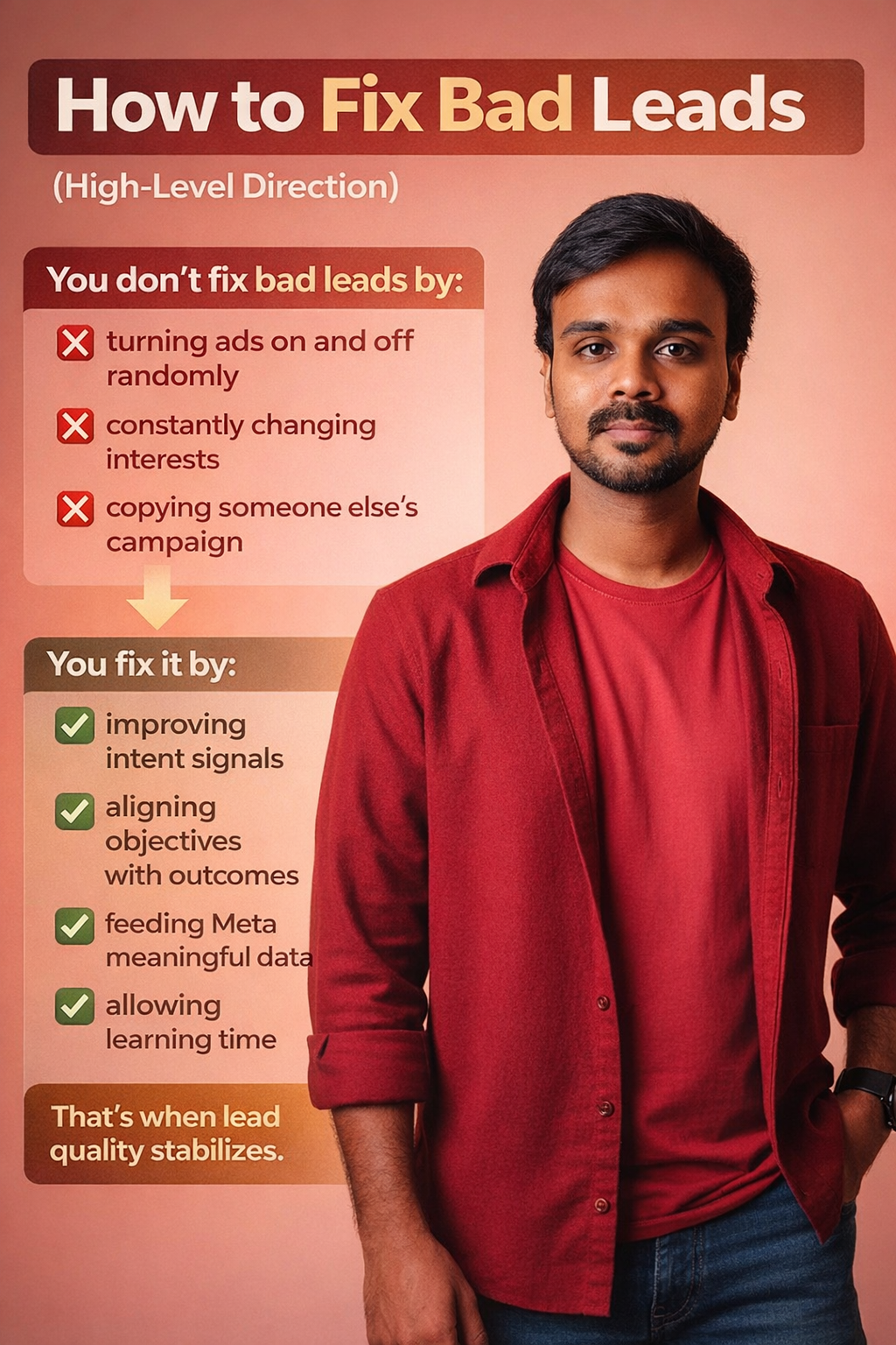 A man in red beside text explaining how to fix bad leads by improving intent signals, aligning objectives, feeding data, and allowing learning time.