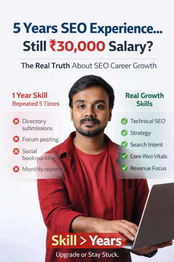Man with laptop under headline about 5 years SEO experience but ₹30,000 salary, comparing outdated SEO tasks vs real growth skills with message “Skill > Years.”