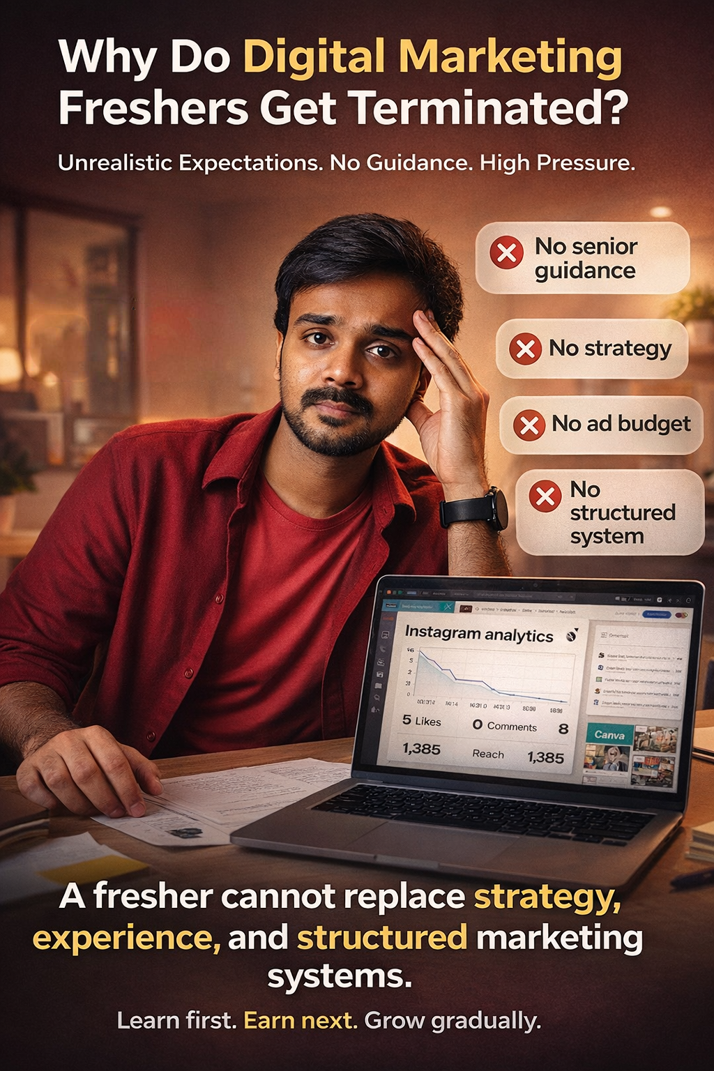 Digital marketing fresher stressed at office desk reviewing low Instagram analytics, highlighting lack of guidance, strategy, ad budget, and structured marketing system.