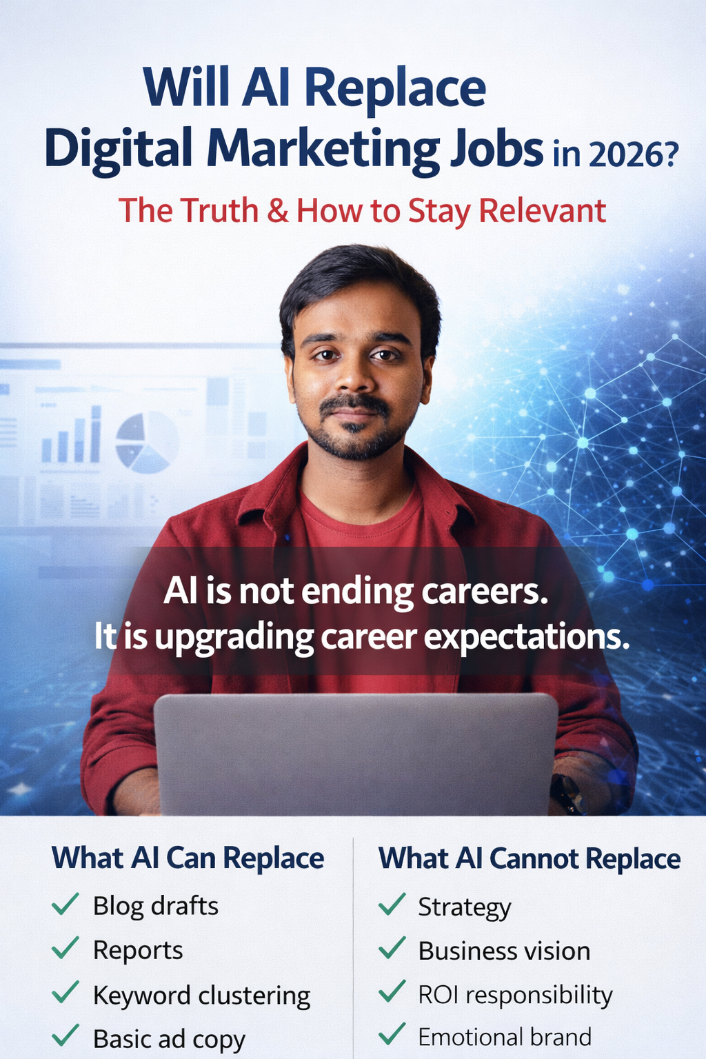 AI vs Marketer concept image showing a confident digital marketer with laptop and AI graphics, explaining whether AI will replace digital marketing jobs in 2026 and how to stay relevant.