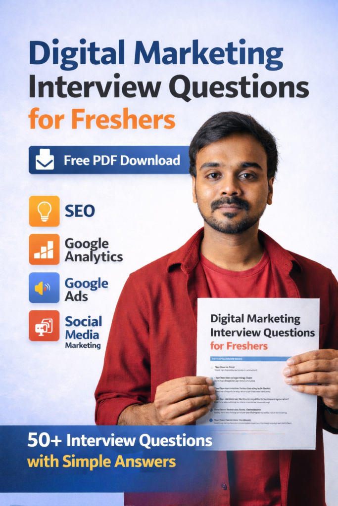 Digital marketing interview questions for freshers free PDF download with beginner answers, SEO, Google Analytics, Google Ads, and social media topics.