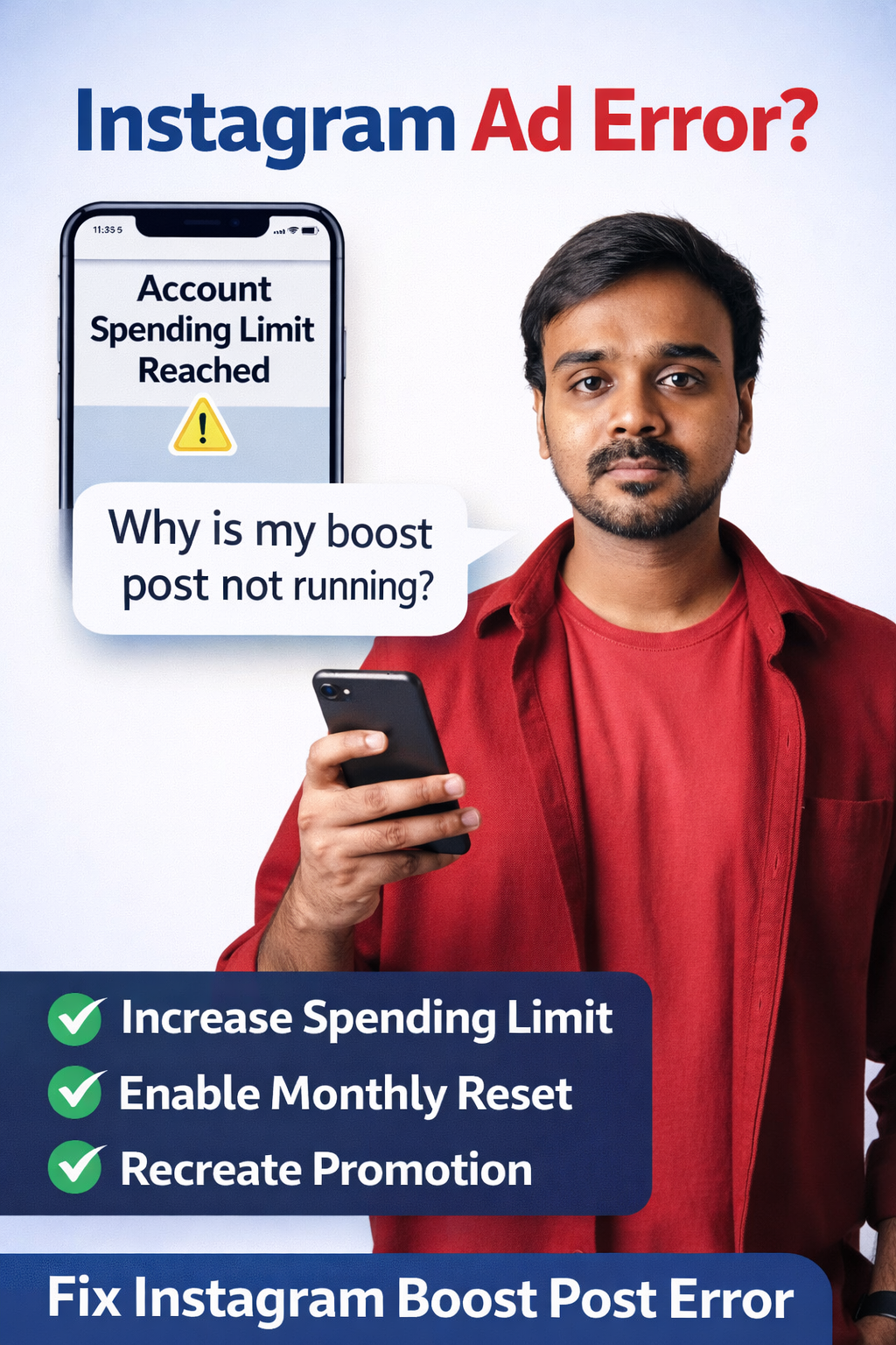 Instagram ad error account spending limit reached solution showing how to fix boost post issue by increasing spending limit and reset.