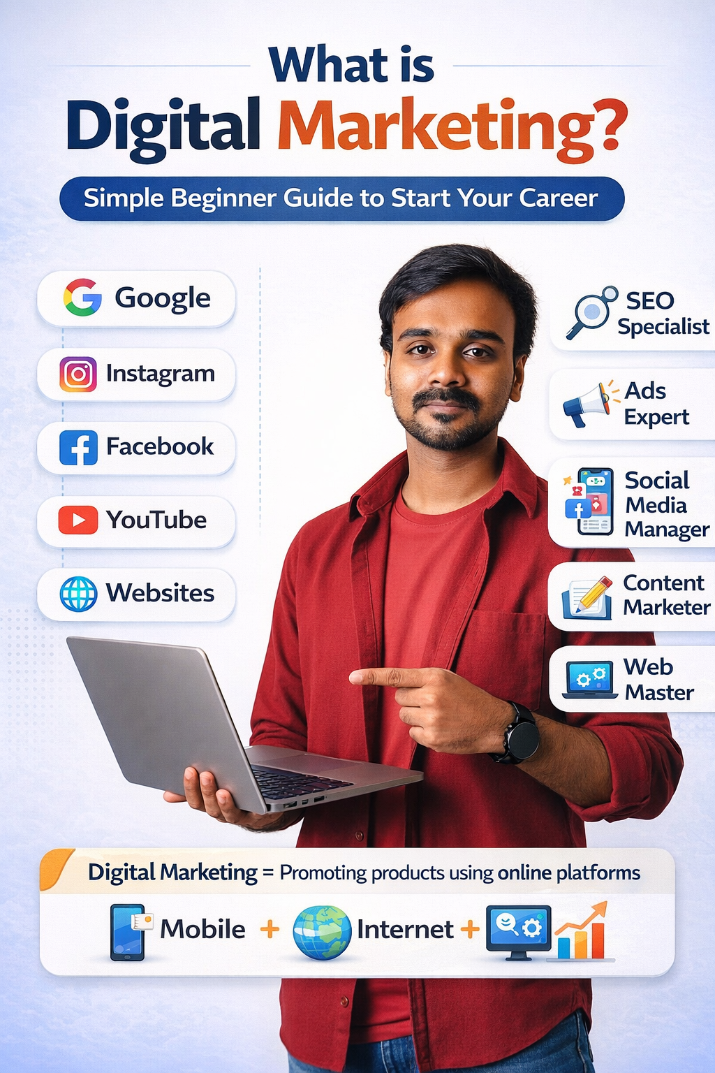 Beginner explanation of digital marketing with platforms like Google, Instagram, Facebook, YouTube and career roles