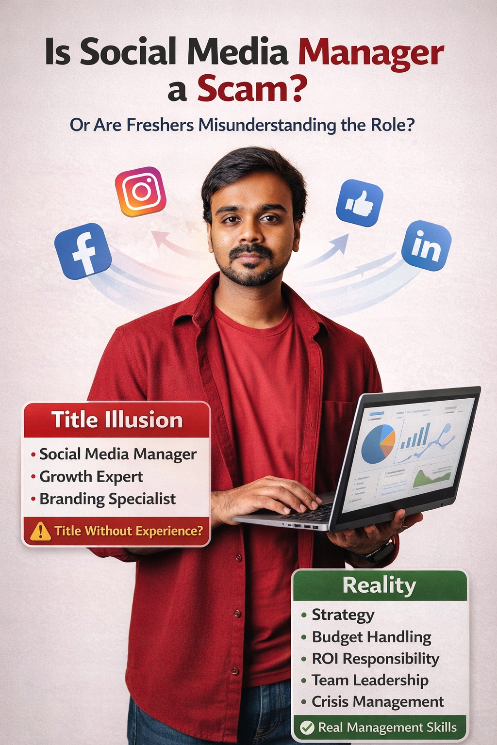 Confident young professional holding laptop with social media dashboard, contrasting title illusion versus real management responsibilities in Instagram portrait design.