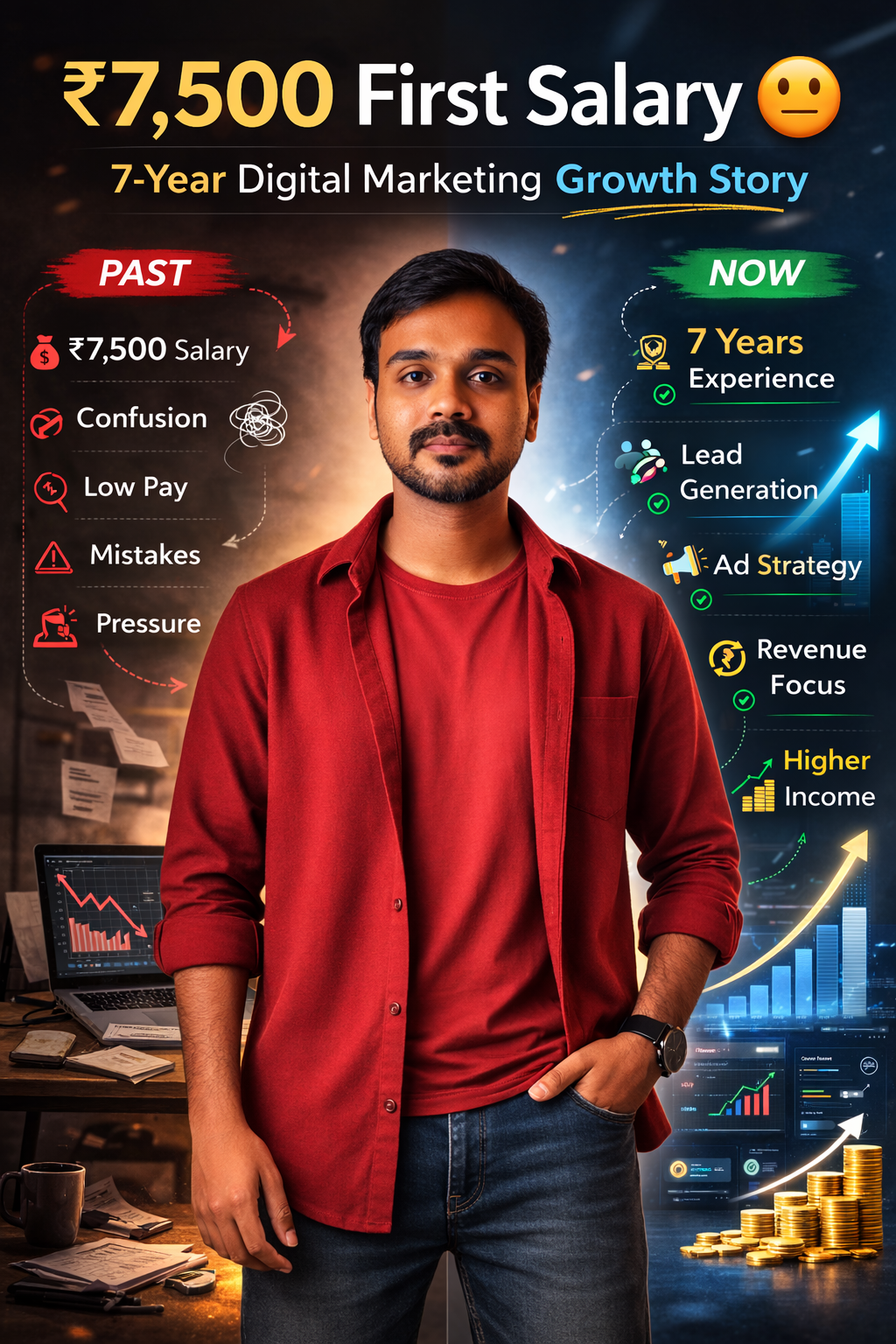 Indian digital marketer growth journey from ₹7,500 salary to 7 years experience showing career transformation and higher income success